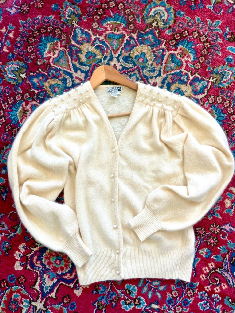 Vintage Cream Pearl-Embellished V-Neck cardigan Sweater, medium